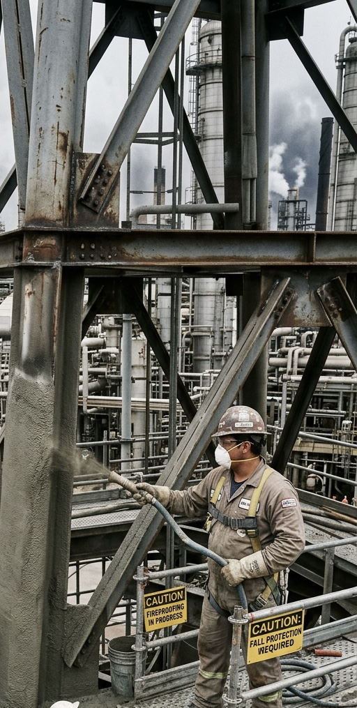 Fireproofing application in progress at an industrial site